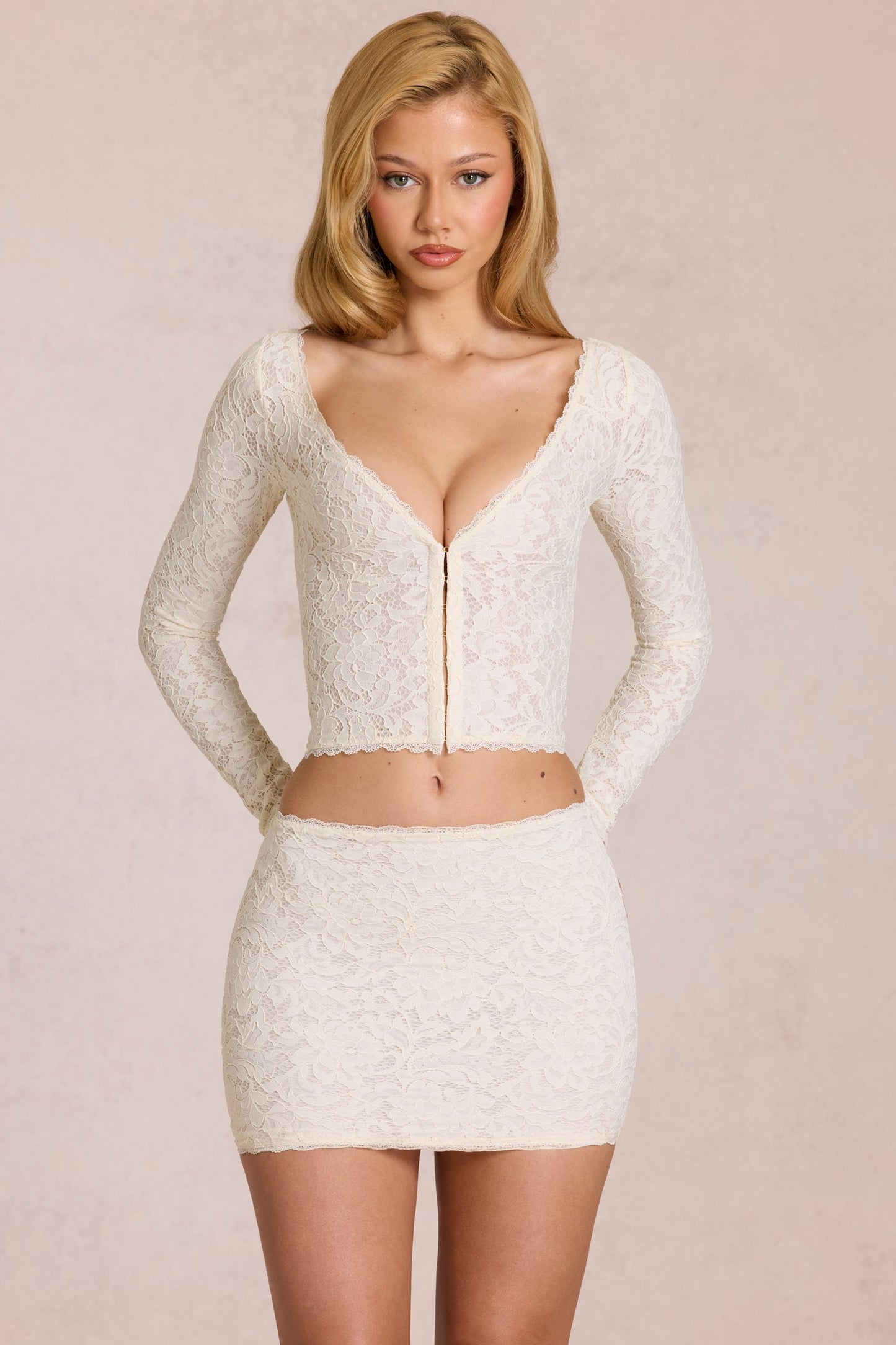 Lace Plunge Cardigan in Ivory