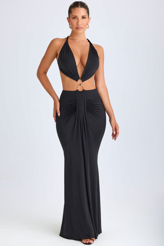Hardware Detail Cut-Out Halterneck Maxi Dress in Black