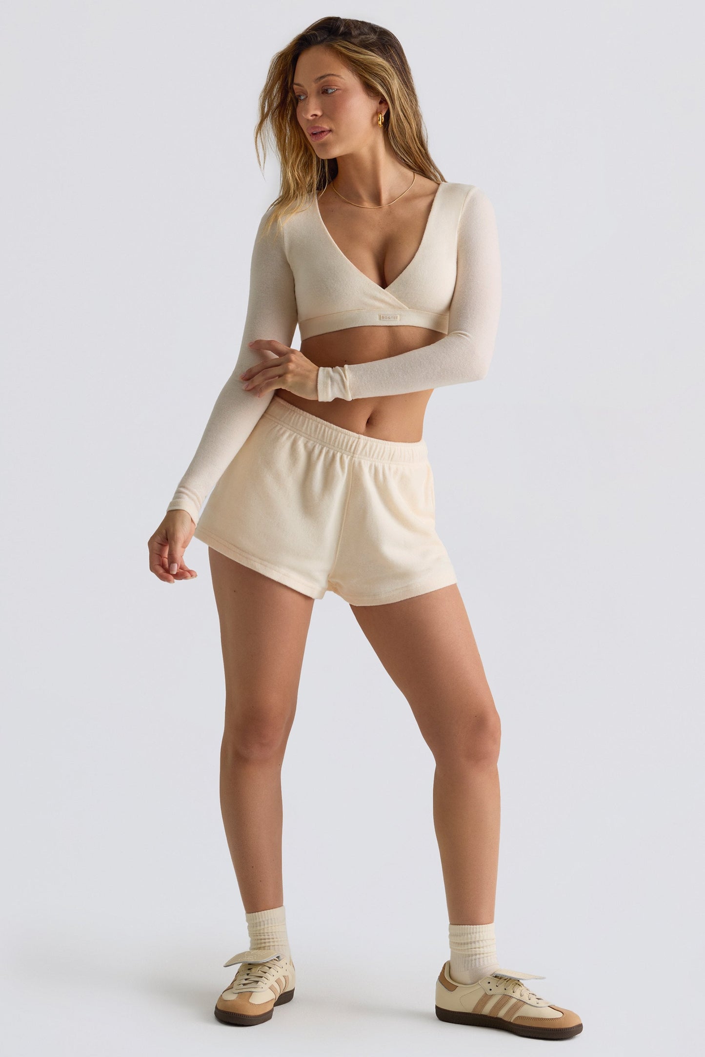 Brushed Jersey Elasticated Mini Shorts in Ecru