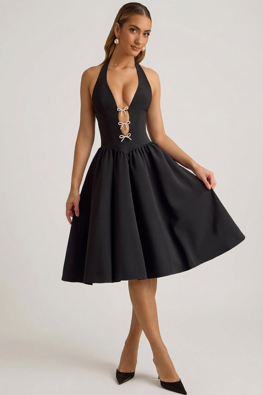 Halterneck Bow-Detail Midi Dress in Black