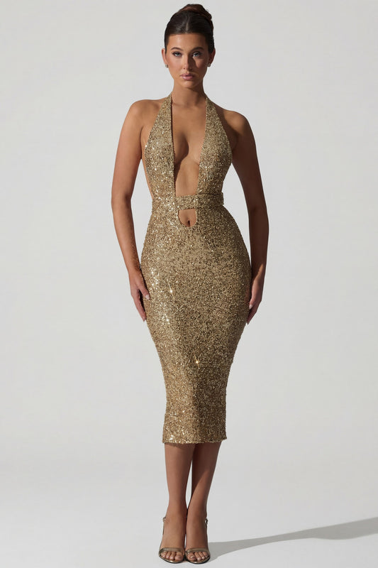 Embellished Cut-Out Open-Back Midaxi Dress in Gold