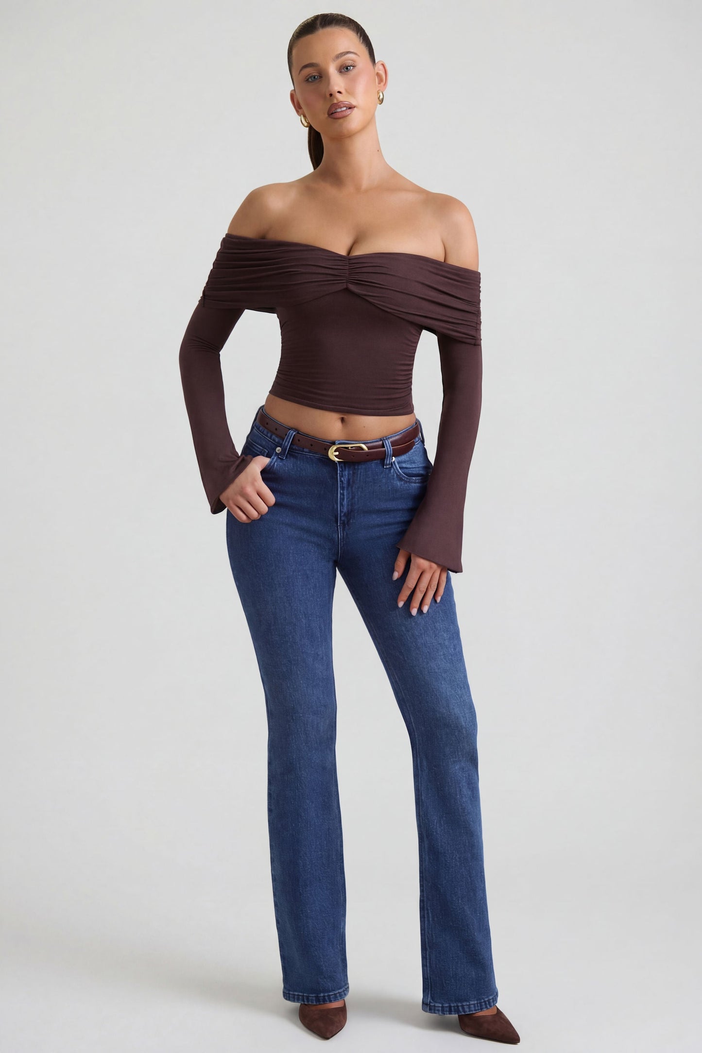 Modal-Cashmere Blend Off-Shoulder Ruched Top in Espresso