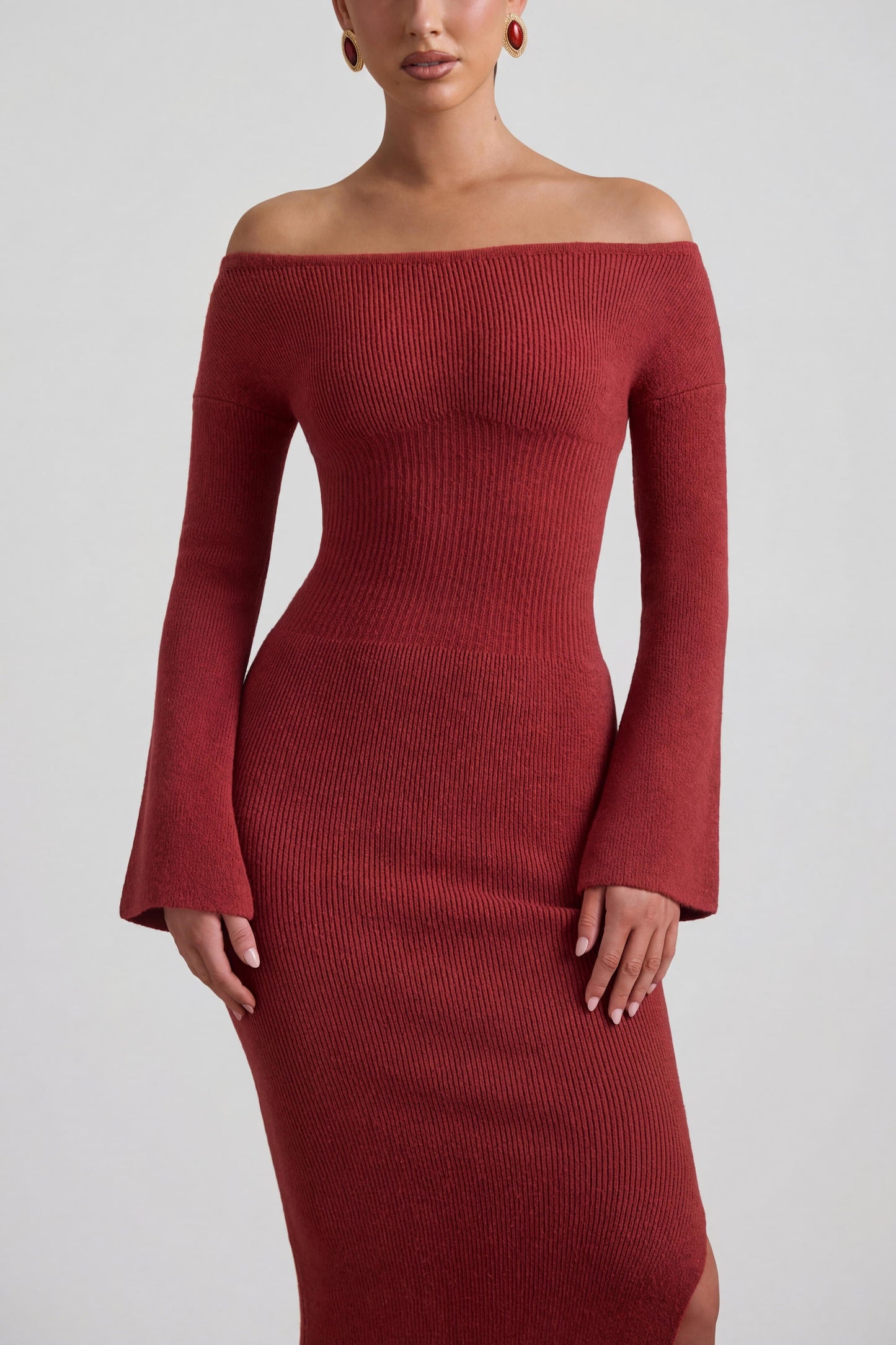 Ribbed-Knit Off-Shoulder Maxi Dress in Brick Red